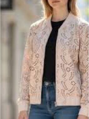 Pale Pink Faux Suede Coastal Lasercut Feminine Bomber Jacket